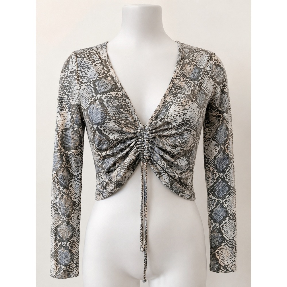 Orange Kiss Snakeskin Print Ruched Front Drawstring V-Neck Top Grey White Large
